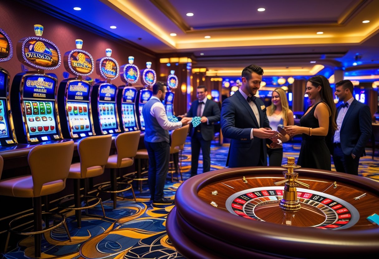 A lively casino floor with people playing slot machines, blackjack, and roulette, surrounded by elegant décor and lighting.