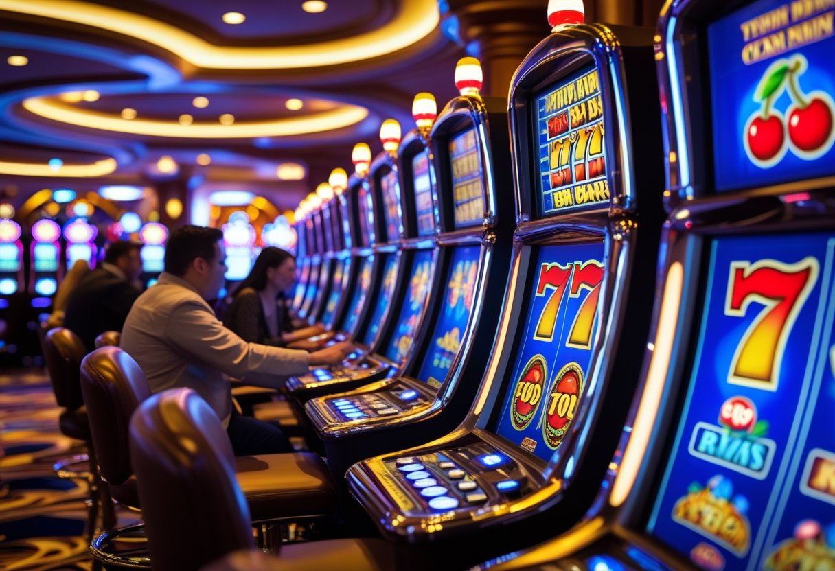 A row of brightly lit slot machines in a casino with players engaged in the games.