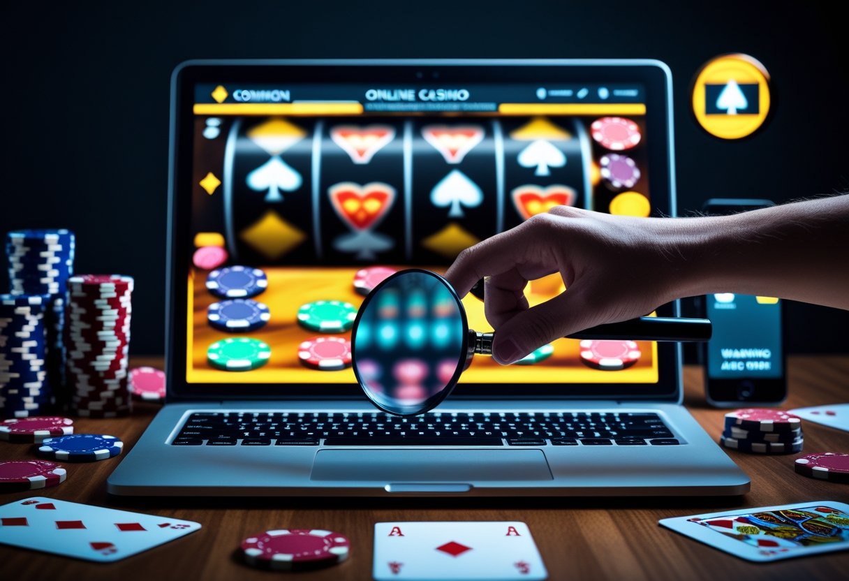 A person cautiously using a laptop showing an online casino interface with poker chips and playing cards nearby, symbolizing online casino scams.