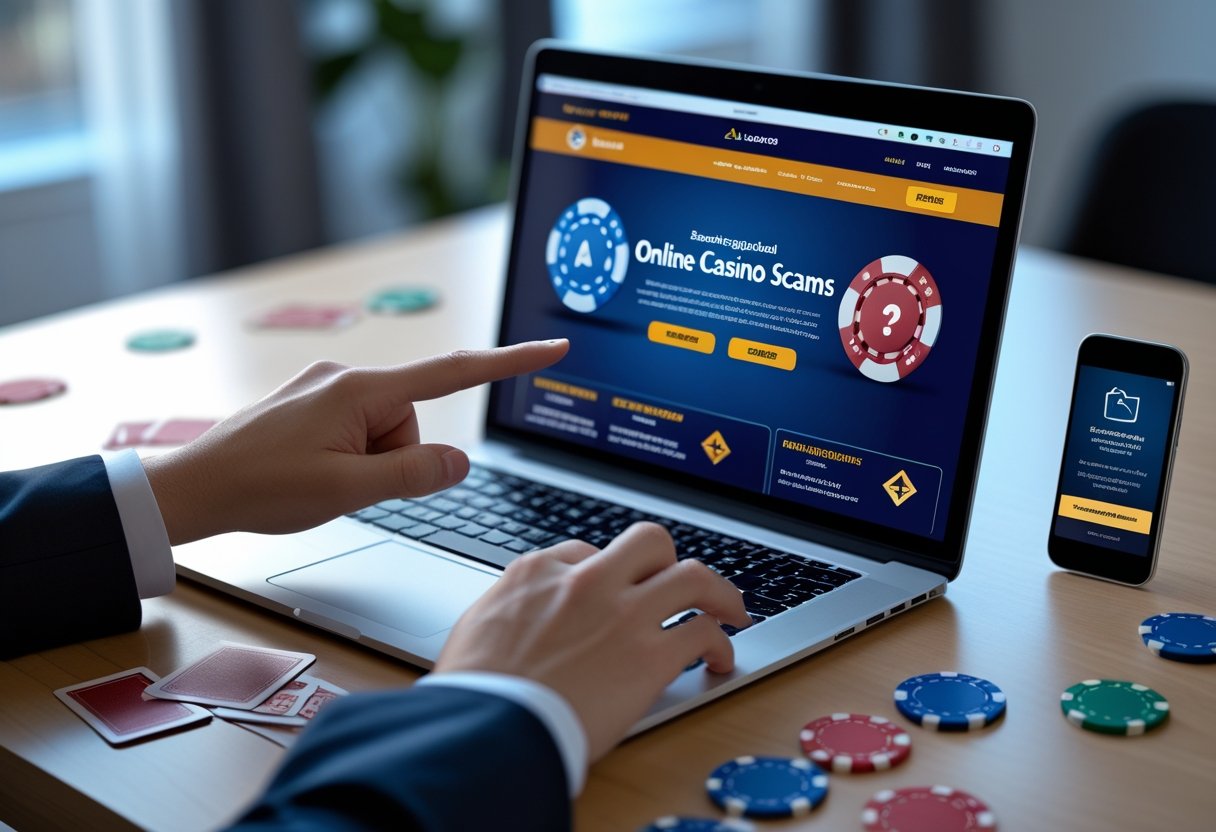 A person pointing at a laptop screen showing an online casino website with suspicious elements, surrounded by playing cards, poker chips, and a smartphone with a security alert.