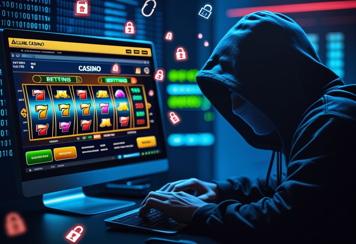 A person in a hoodie typing on a laptop near a computer showing an online casino screen, surrounded by digital security icons.