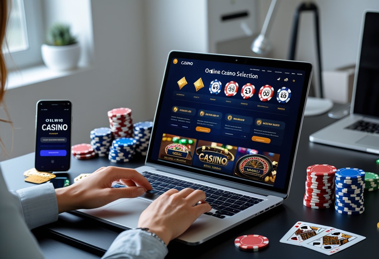 A person using a laptop at a desk with poker chips, playing cards, and a smartphone, selecting an online casino game.
