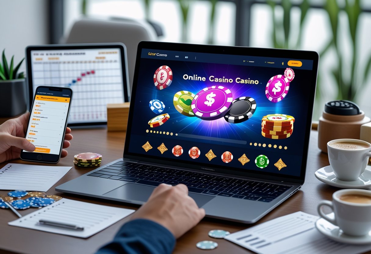A person working at a desk with a laptop showing an online casino website, surrounded by notes, a smartphone, and a cup of coffee.
