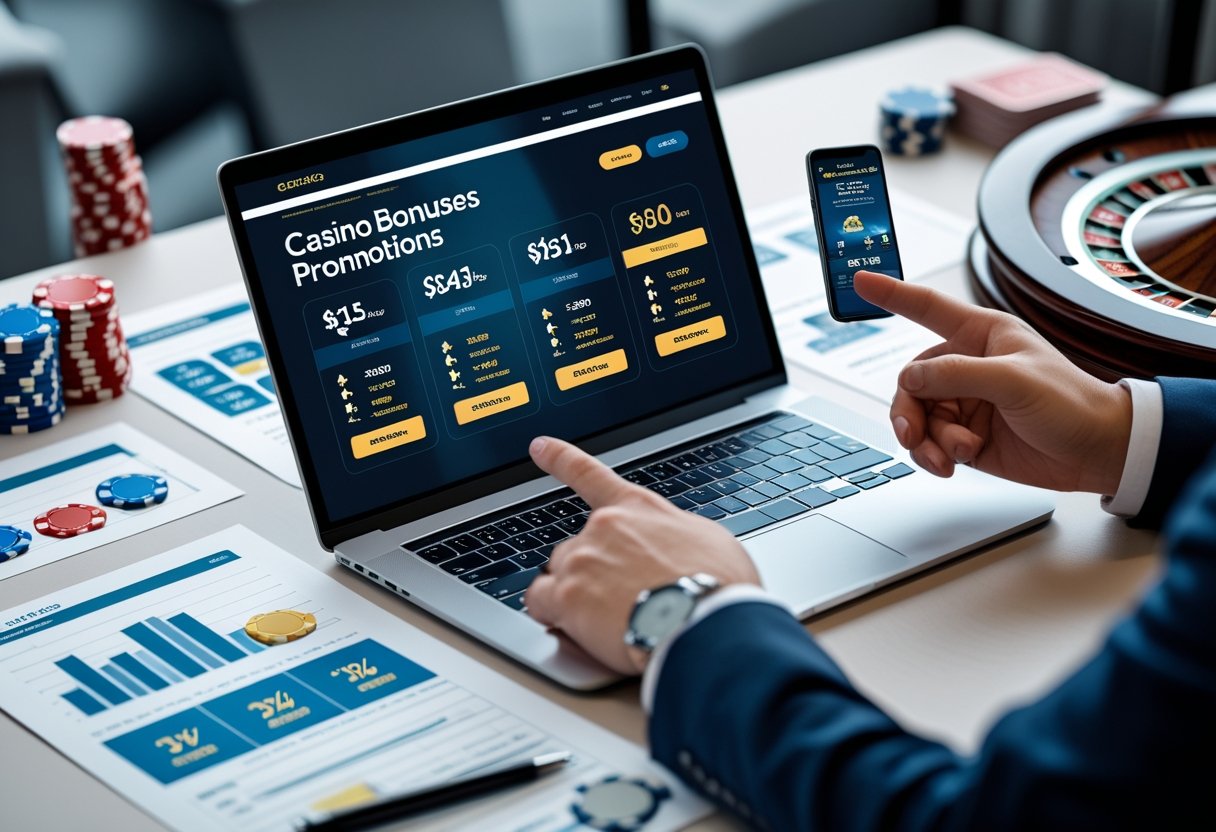 A person at a desk reviewing casino bonus offers on a laptop and smartphone with charts, poker chips, and playing cards nearby.