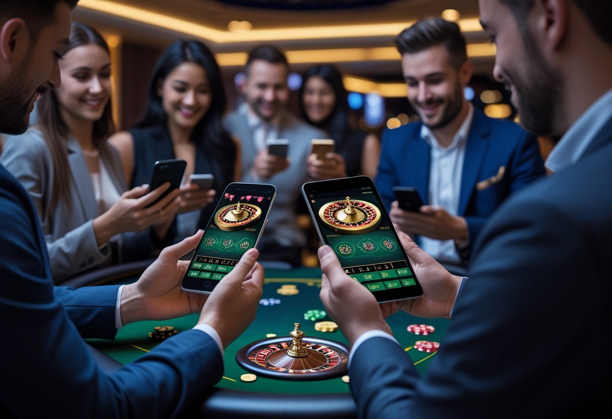 People using smartphones and tablets to play live casino games in a modern lounge setting.