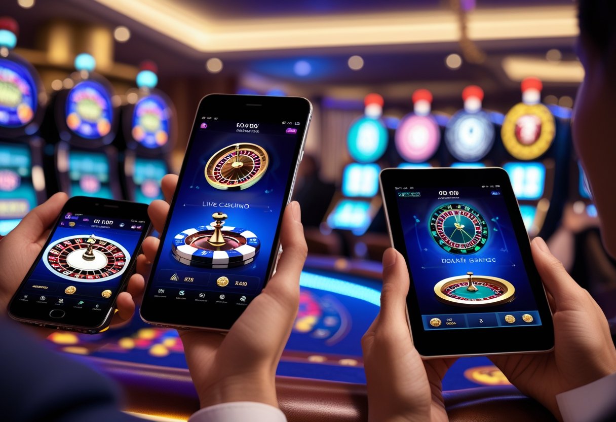 People holding smartphones and tablets showing live casino games in a casino-like setting.