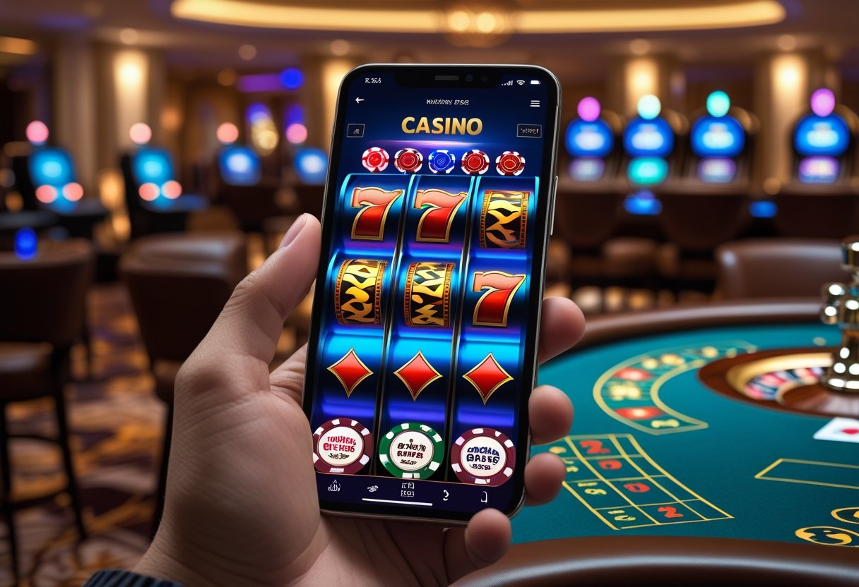 A person holding a smartphone showing a colorful casino game app with poker chips and cards, set against a blurred casino background.