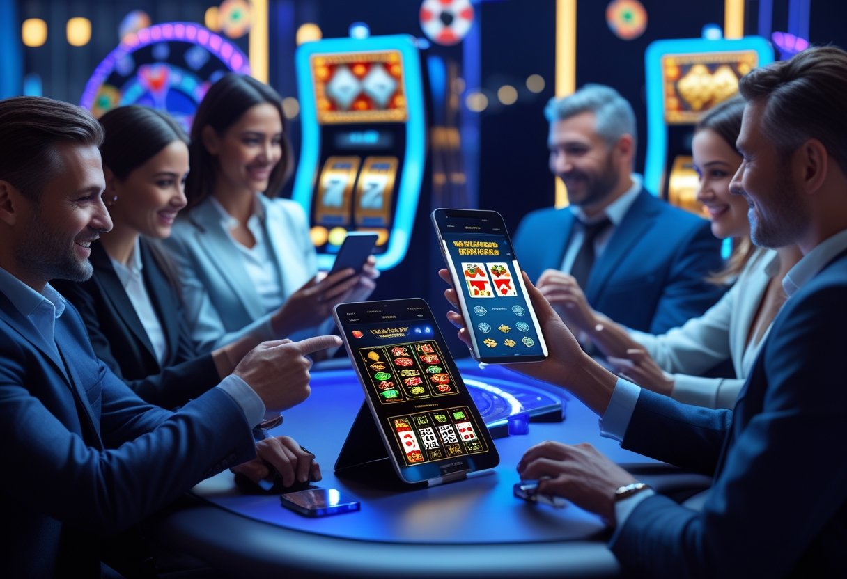A group of adults using mobile devices to play casino games in a modern digital setting with casino-themed decorations.