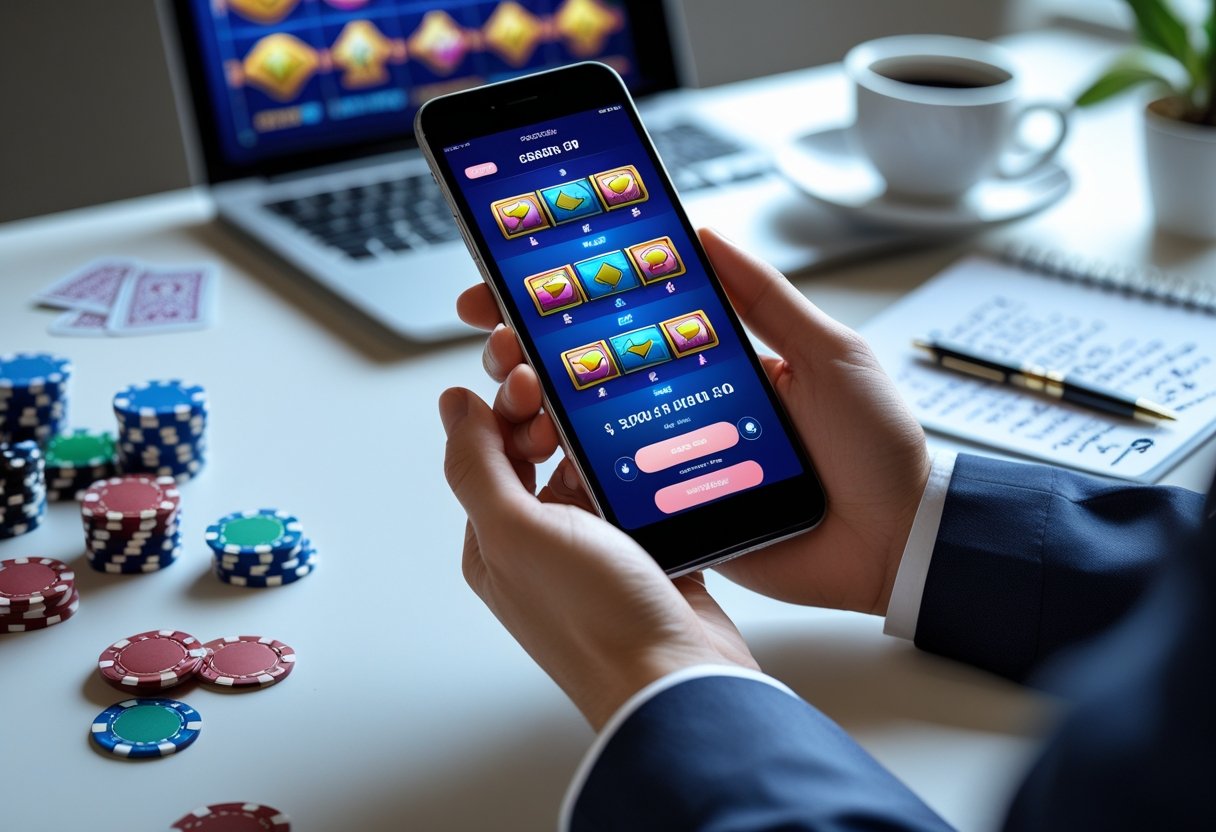 Person using a smartphone showing a casino app with chips and playing cards on a desk.