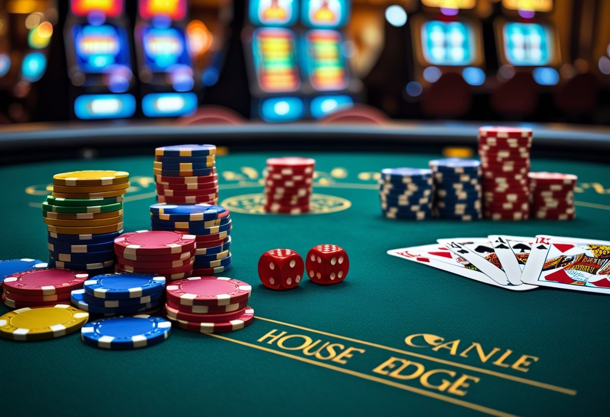 A casino gaming table with poker chips, dice, playing cards, slot machines, and a roulette wheel.