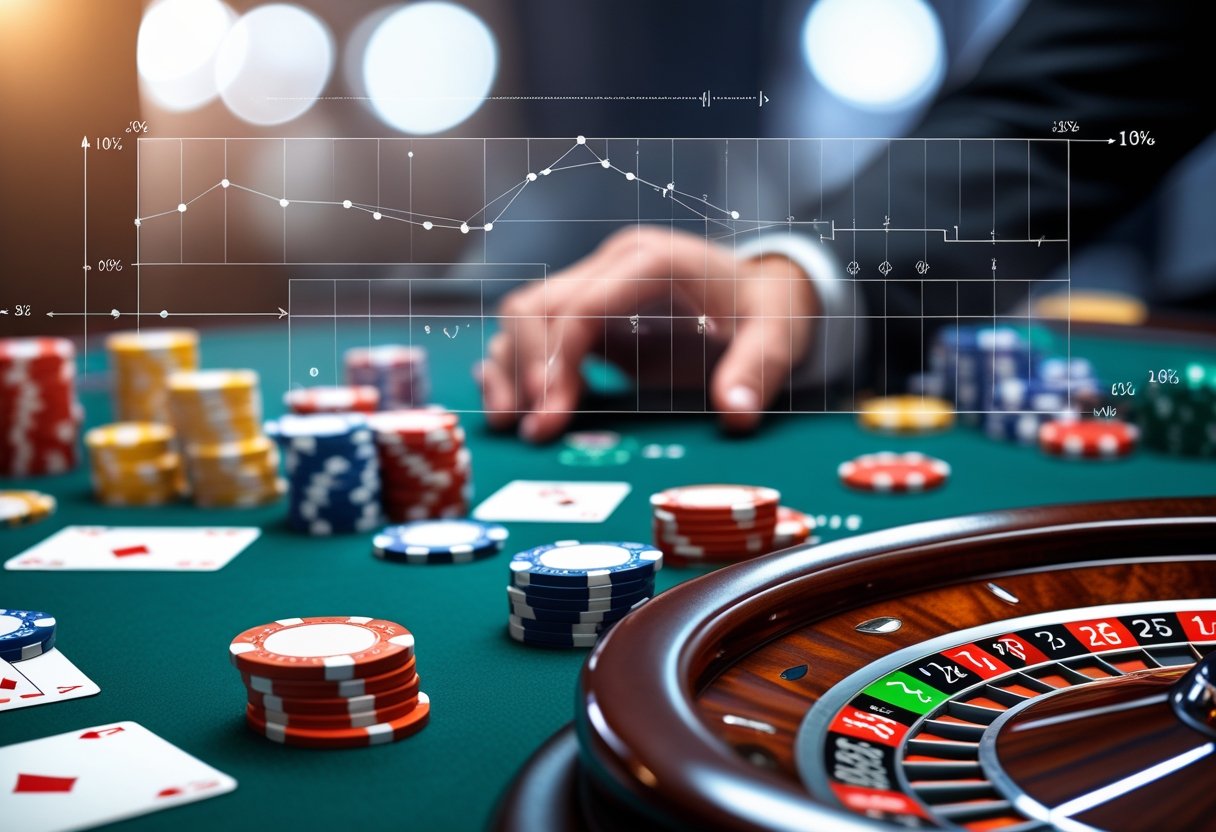 Close-up of a casino table with poker chips, playing cards, and a roulette wheel, with faint graphs overlaying the scene.