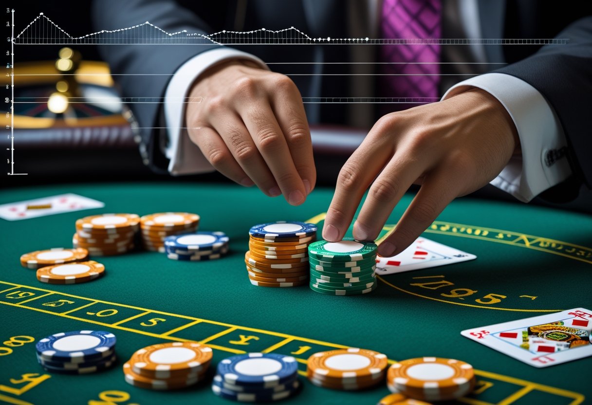 Close-up of a casino table with chips, playing cards, and a roulette wheel, showing hands placing bets.