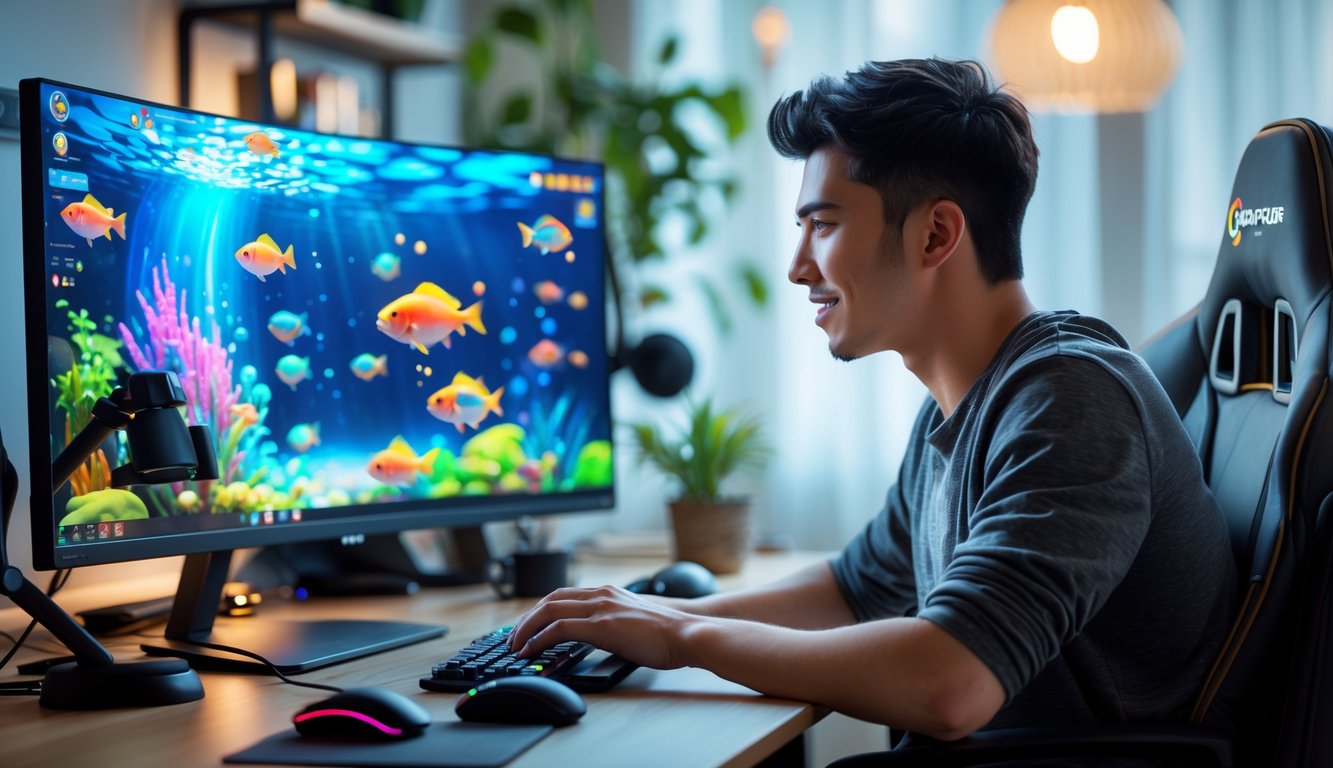 Seorang pria muda duduk di meja dengan komputer, sedang bermain permainan tembak ikan online dengan fokus.