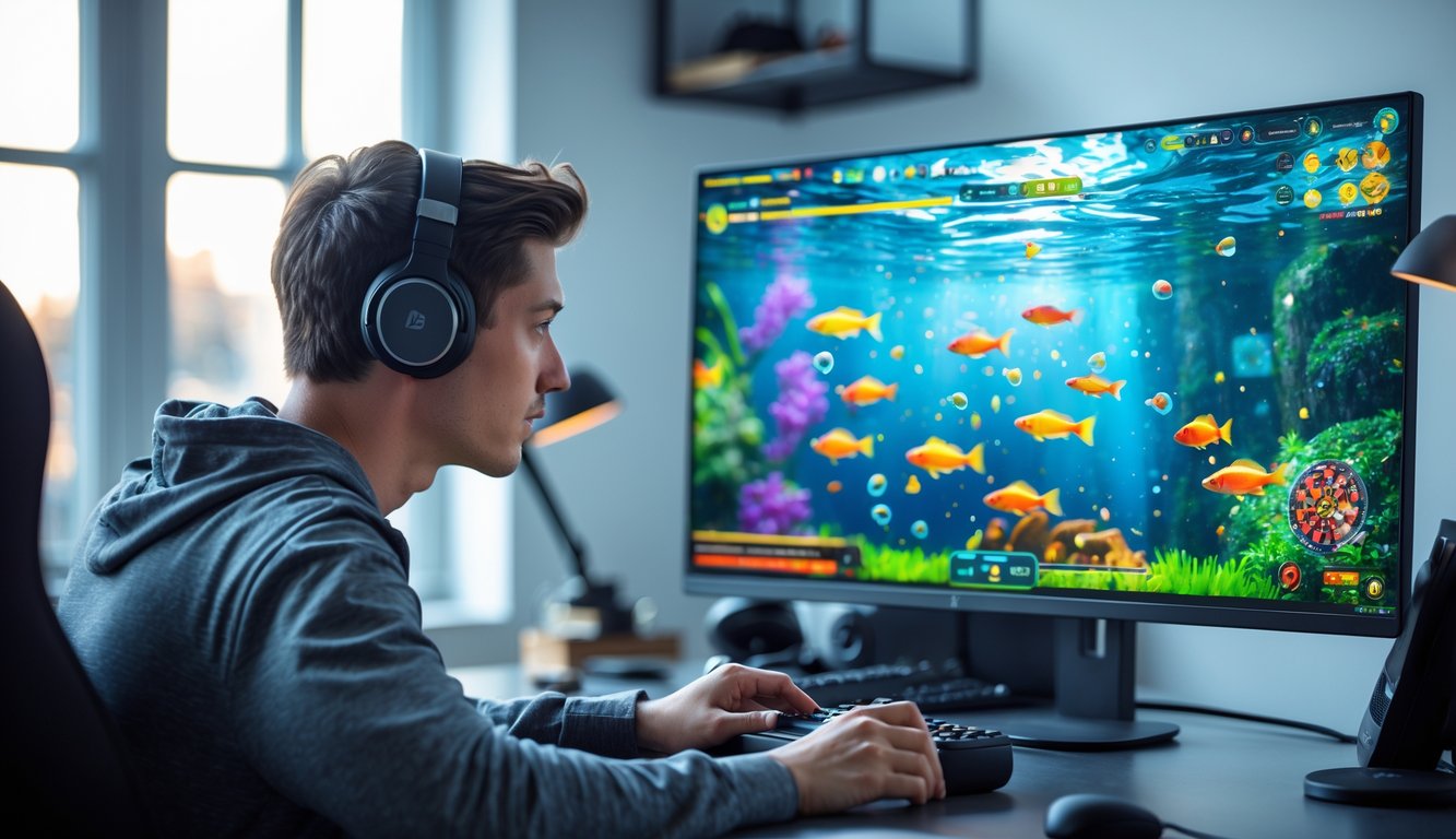 Seorang pria muda fokus bermain permainan tembak ikan online di depan komputer dengan layar menampilkan ikan berwarna-warni di bawah laut.