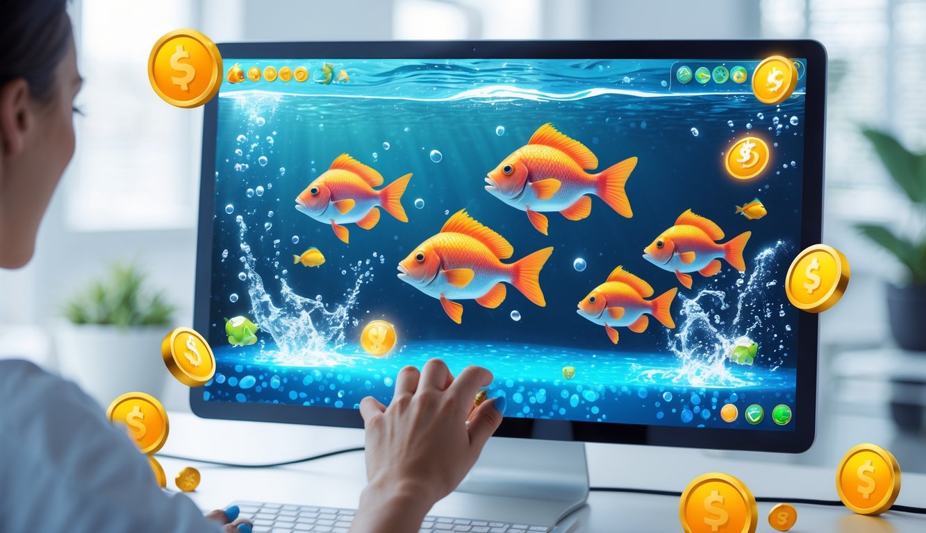 Seseorang menggunakan perangkat digital untuk bermain permainan tembak ikan online dengan ikan berwarna-warni di layar dan ikon bonus mengelilingi perangkat.