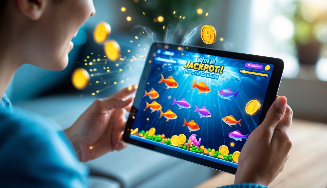 Seseorang memegang tablet yang menampilkan permainan ikan digital berwarna-warni dengan efek koin berkilau di layar.