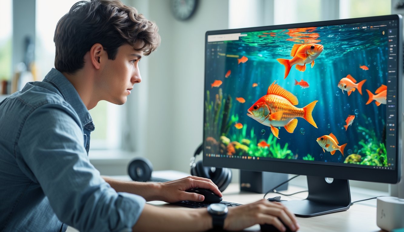 Seseorang sedang fokus bermain game tembak ikan online di komputer di ruang kerja rumah yang terang.