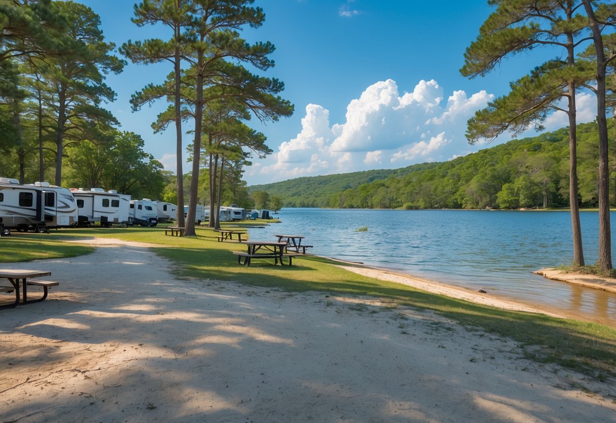 A peaceful lakeside campground with tents, picnic tables, pine trees, and calm water at Lake Texoma.