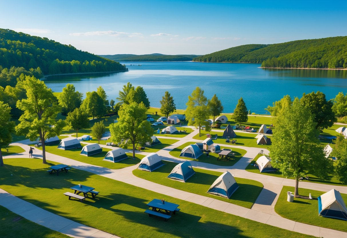 Overview of a campground with tents, picnic tables, trees, and a large lake surrounded by forested hills under a clear sky.