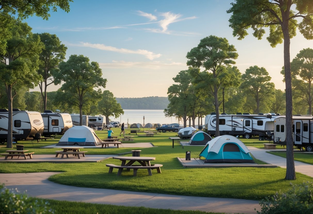 A lakeside campground with tents, RVs, picnic tables, fire pits, and trees near Lake Texoma under a clear sky.