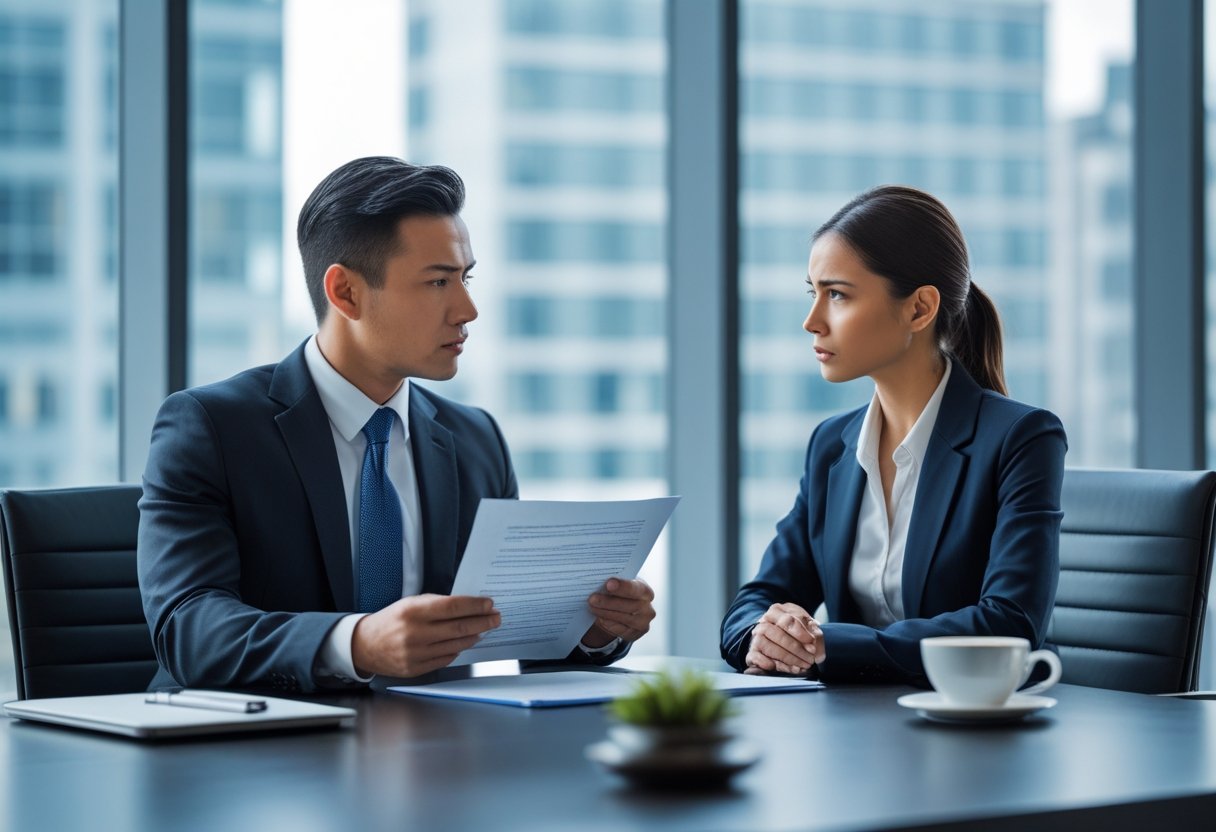 Twee zakelijke professionals in een kantoor in gesprek aan een tafel, waarbij een persoon een document toont en de ander aandachtig luistert.