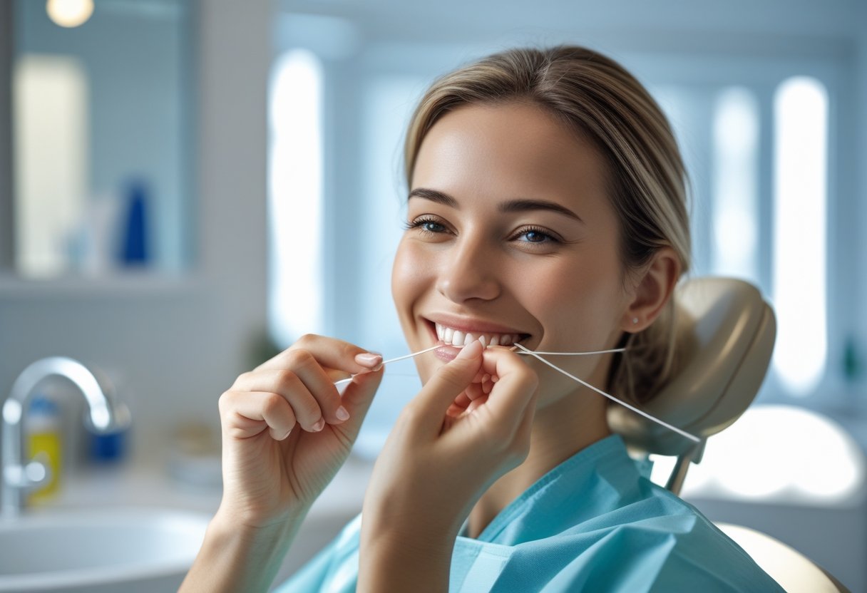A person flossing their teeth in a clean dental clinic, focusing on proper dental hygiene.