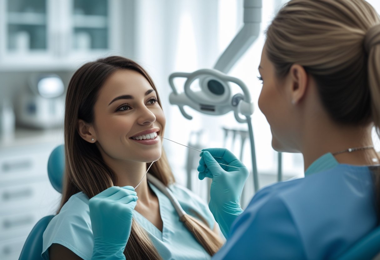 A dental hygienist shows a patient how to floss properly in a modern dental clinic.