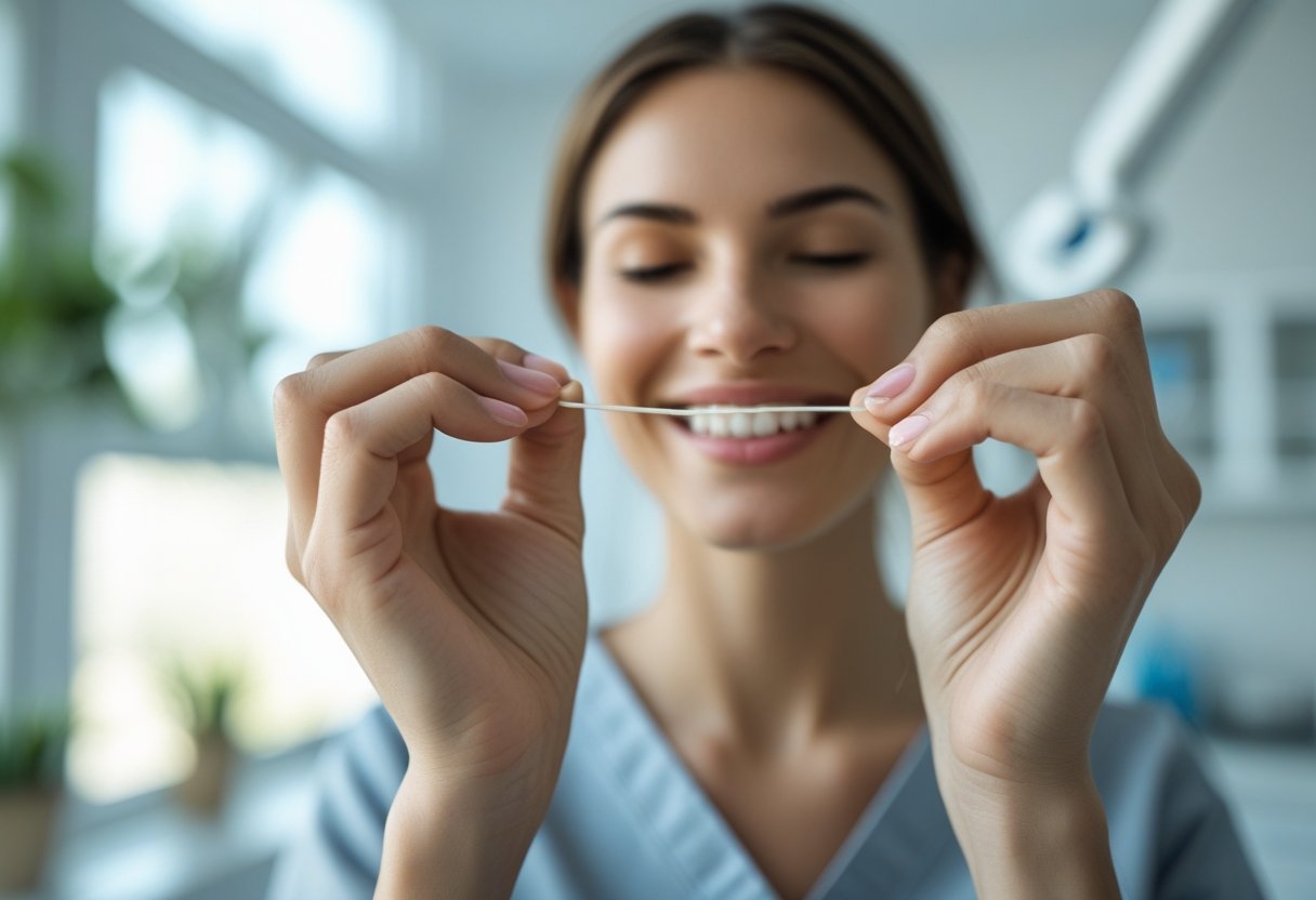 Person flossing their teeth in a clean dental clinic setting.