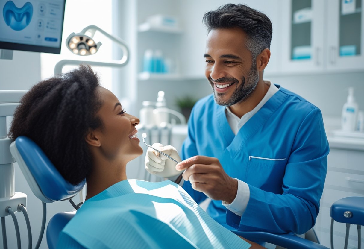 A dentist talking to a smiling patient in a modern dental clinic.