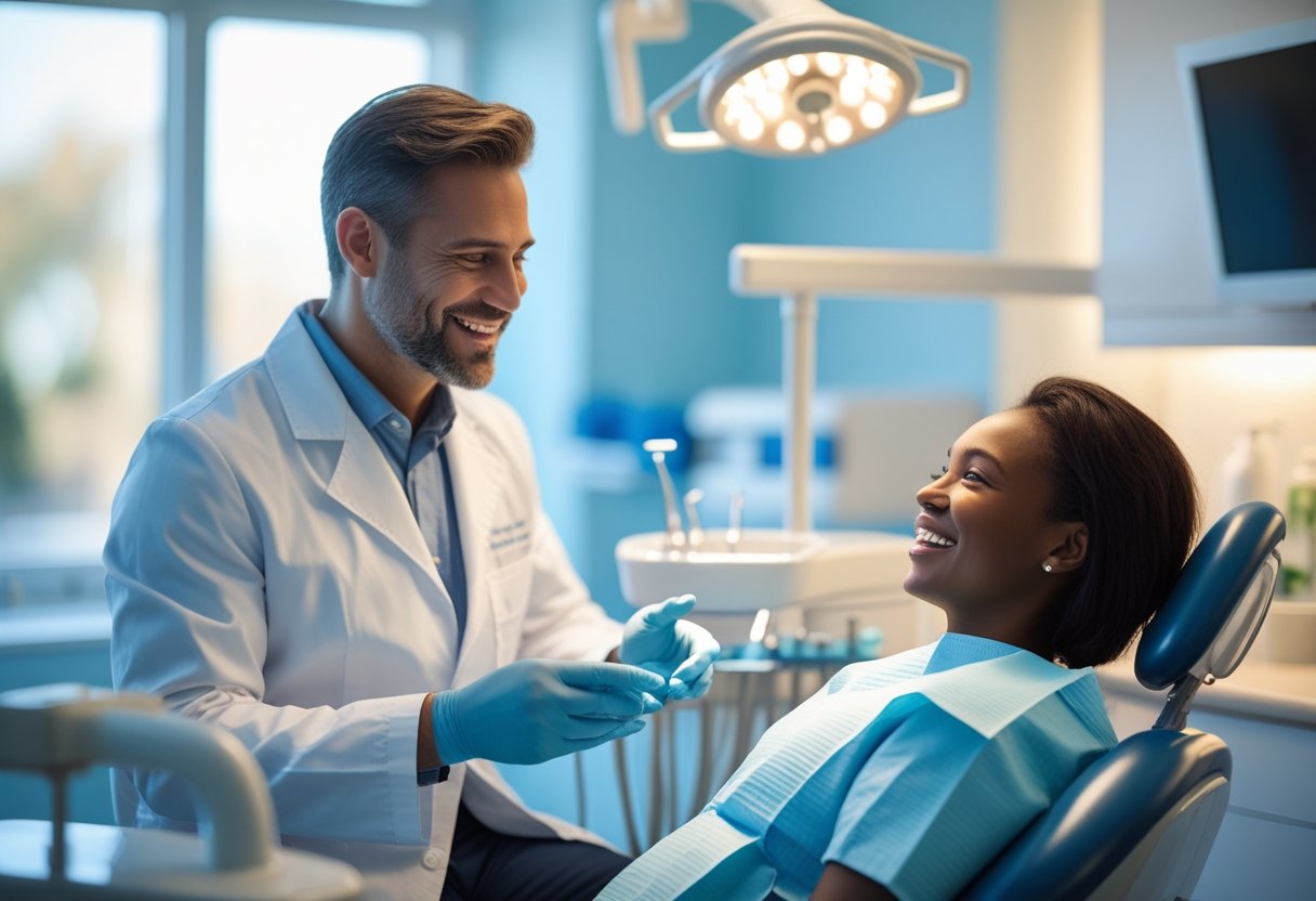 A dentist talking to a smiling adult patient in a modern dental clinic.
