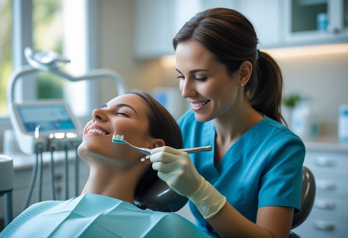 A dental hygienist cleaning a patient's teeth in a modern dental clinic.
