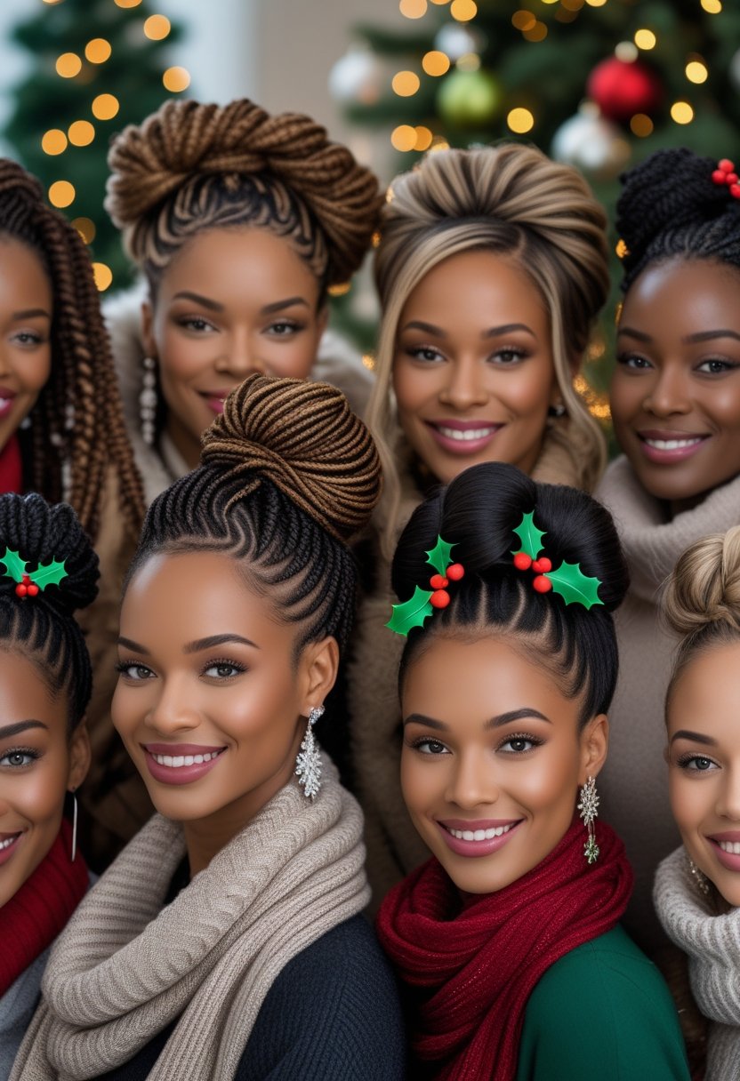 A group of women with different Christmas hairstyles smiling together indoors with holiday decorations in the background.