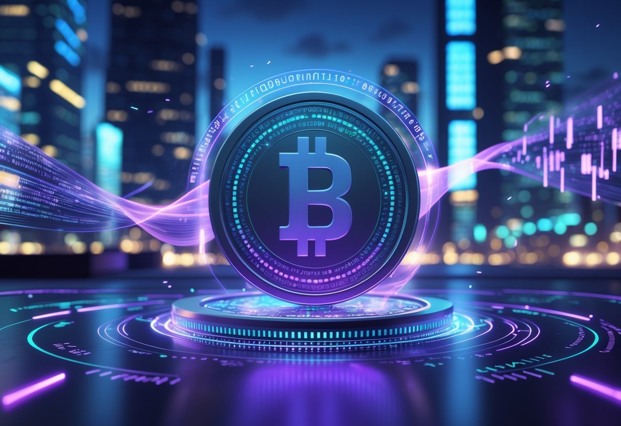 Sebuah koin digital futuristik mengambang dengan latar belakang kota modern yang penuh cahaya neon dan aliran data holografik di sekitarnya.