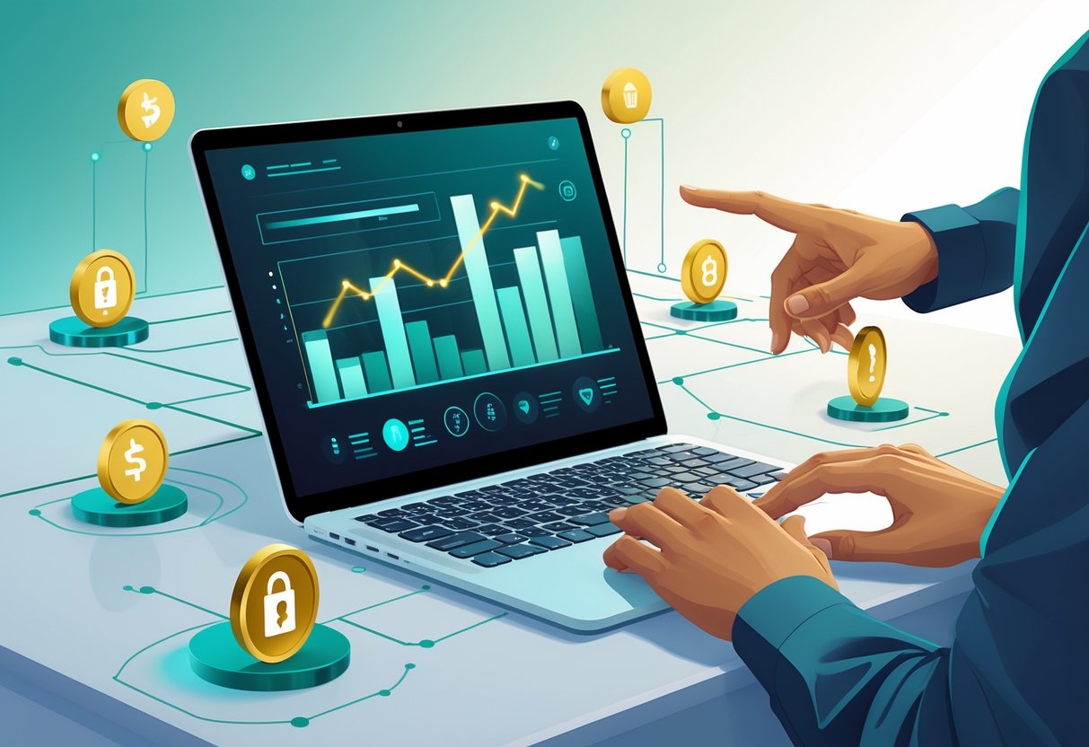 Ilustrasi meja kerja modern dengan laptop menampilkan grafik keuangan dan ikon transaksi digital di sekitarnya.