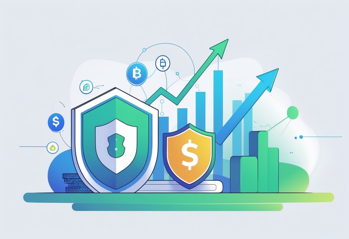 Ilustrasi yang menunjukkan simbol keamanan, grafik pertumbuhan, dan jaringan yang terhubung untuk menggambarkan fitur utama dan keunggulan Rupiah89.