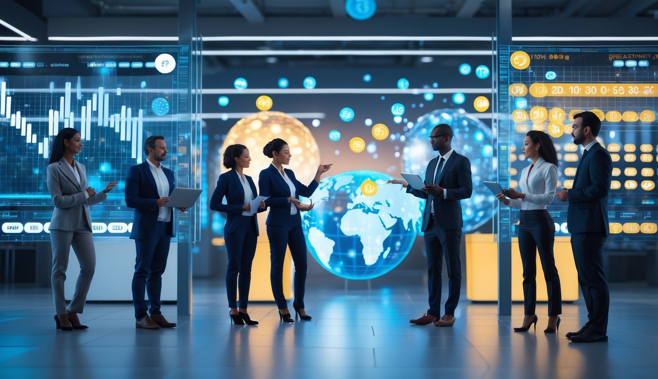 Orang-orang profesional sedang berdiskusi di ruang kantor modern dengan layar digital menampilkan grafik dan bola lotre bergerak.