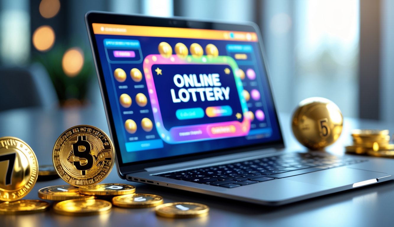 Sebuah laptop di meja kerja dengan koin emas dan bola lotere di sekitarnya.