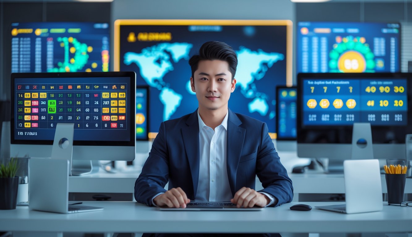 Seorang pria muda duduk di depan beberapa monitor komputer dengan grafik dan angka lotre di kantor modern.