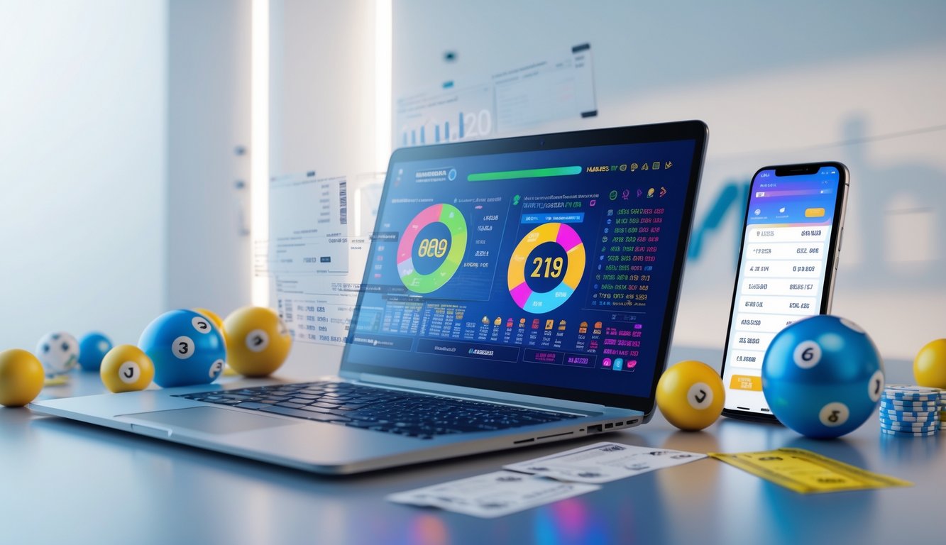 Sebuah laptop dan smartphone di atas meja menampilkan grafik dan angka terkait judi togel, dengan bola togel dan tiket di sekitar perangkat.