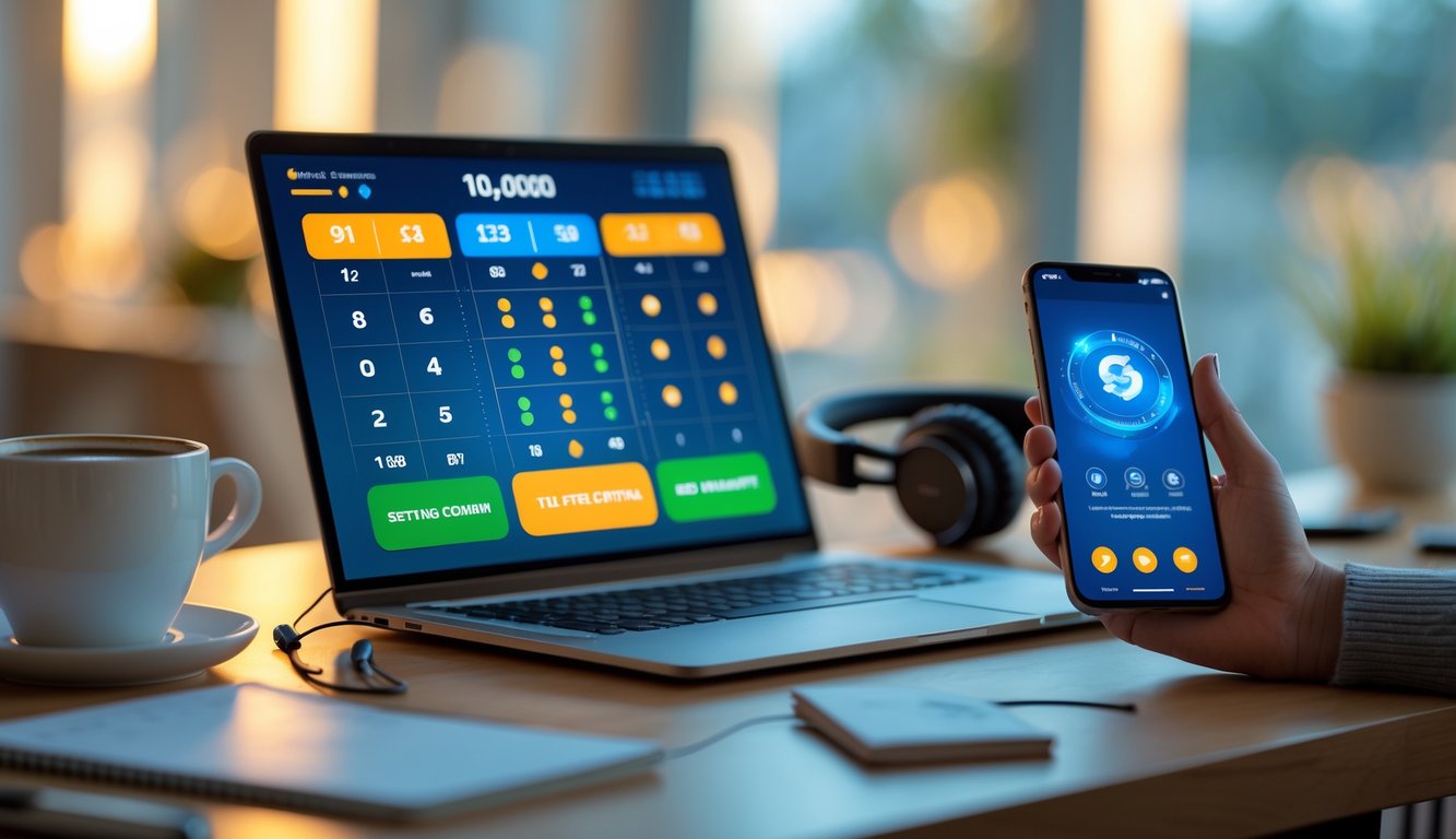 Seorang pengguna sedang menggunakan laptop dan ponsel untuk bermain lotere online dan melakukan pembayaran digital di meja kerja modern.