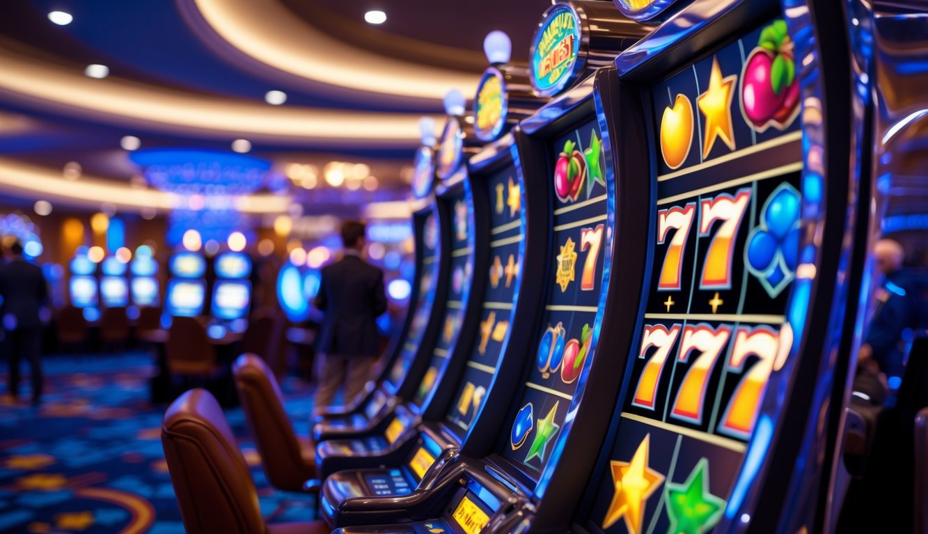 Mesin slot modern dengan gulungan berwarna-warni yang sedang berputar di dalam kasino dengan latar belakang orang-orang yang sedang bermain.