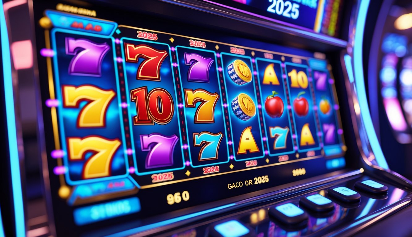 Mesin slot digital modern dengan pola kemenangan berwarna-warni dan latar belakang futuristik.