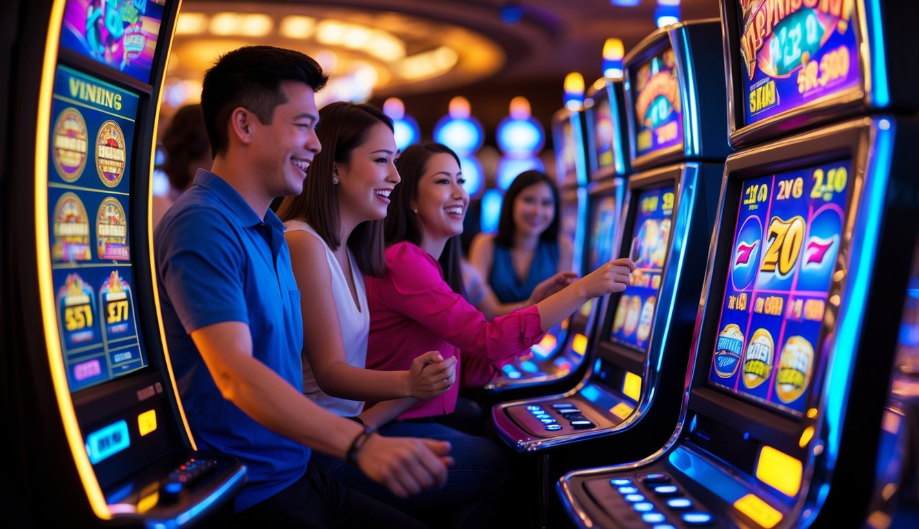 Orang-orang sedang bermain mesin slot di kasino dengan suasana ceria dan penuh semangat.