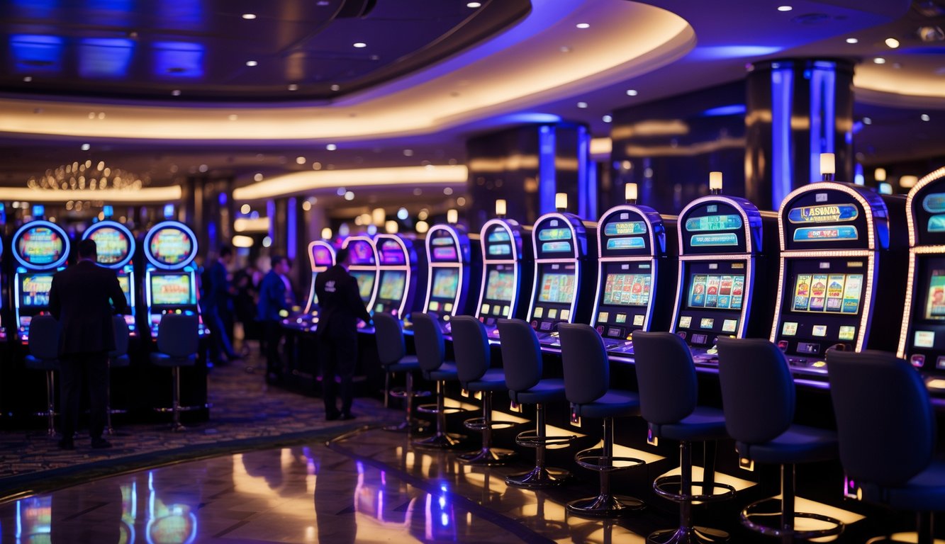 Suasana kasino modern di malam hari dengan mesin slot menyala dan orang-orang bermain dengan fokus dan antusiasme.