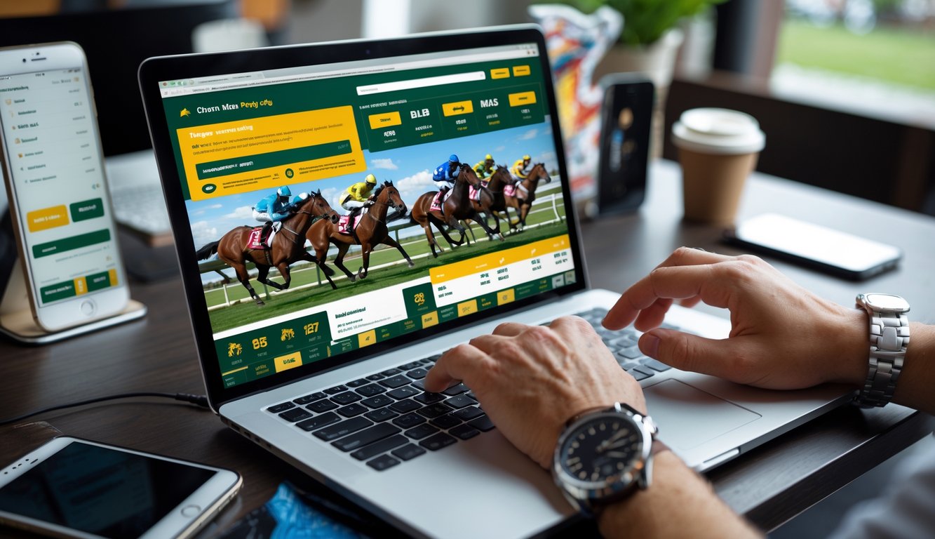 Seseorang menggunakan laptop untuk memasang taruhan balap kuda secara online di meja kerja yang rapi.