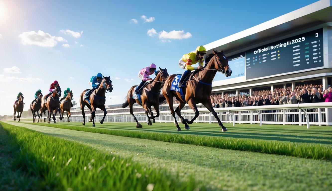 Lomba pacuan kuda resmi dengan kuda berlari di lintasan dan penonton di tribun.