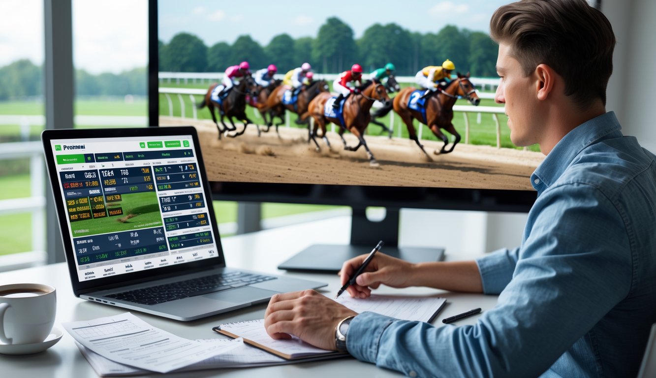 Seseorang sedang belajar memasang taruhan balap kuda dengan laptop dan layar menampilkan balapan kuda di latar belakang.
