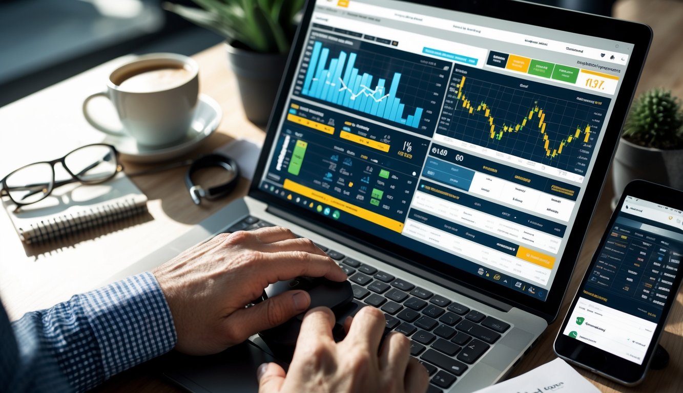 Seseorang menggunakan laptop dan ponsel untuk melihat data dan pembaruan balap kuda di sebuah meja kerja.