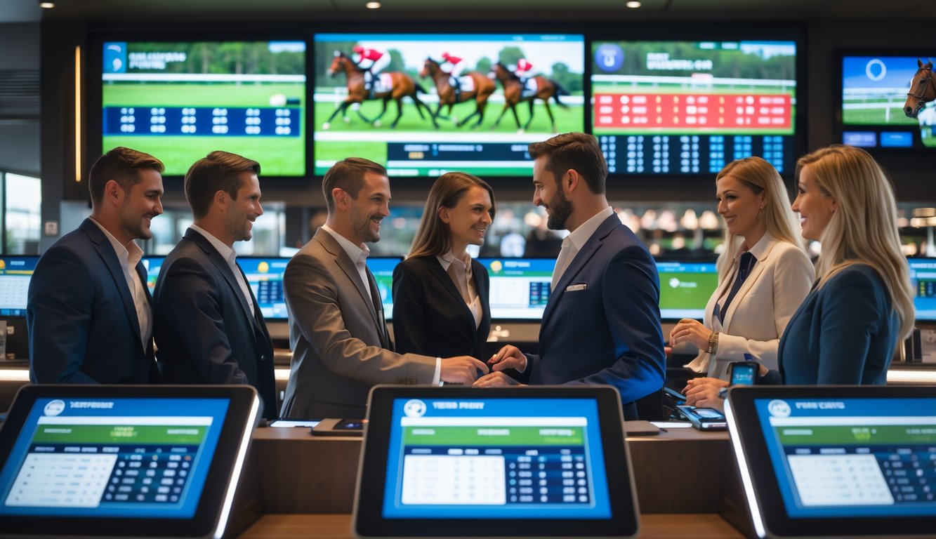 Orang-orang di dalam agen judi balap kuda yang modern sedang menggunakan terminal taruhan dan berdiskusi dengan staf.