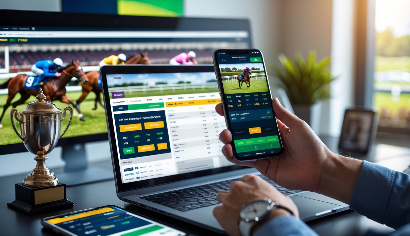 Seseorang menggunakan laptop dan ponsel untuk memasang taruhan balap kuda online di meja kerja dengan layar menampilkan balapan kuda.